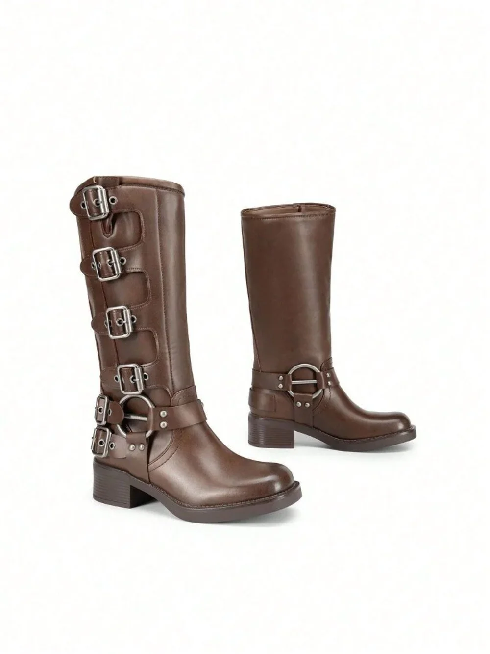 Brown Women's Slip On Knee High Square toe Buckles Motorcycle Riding Boots